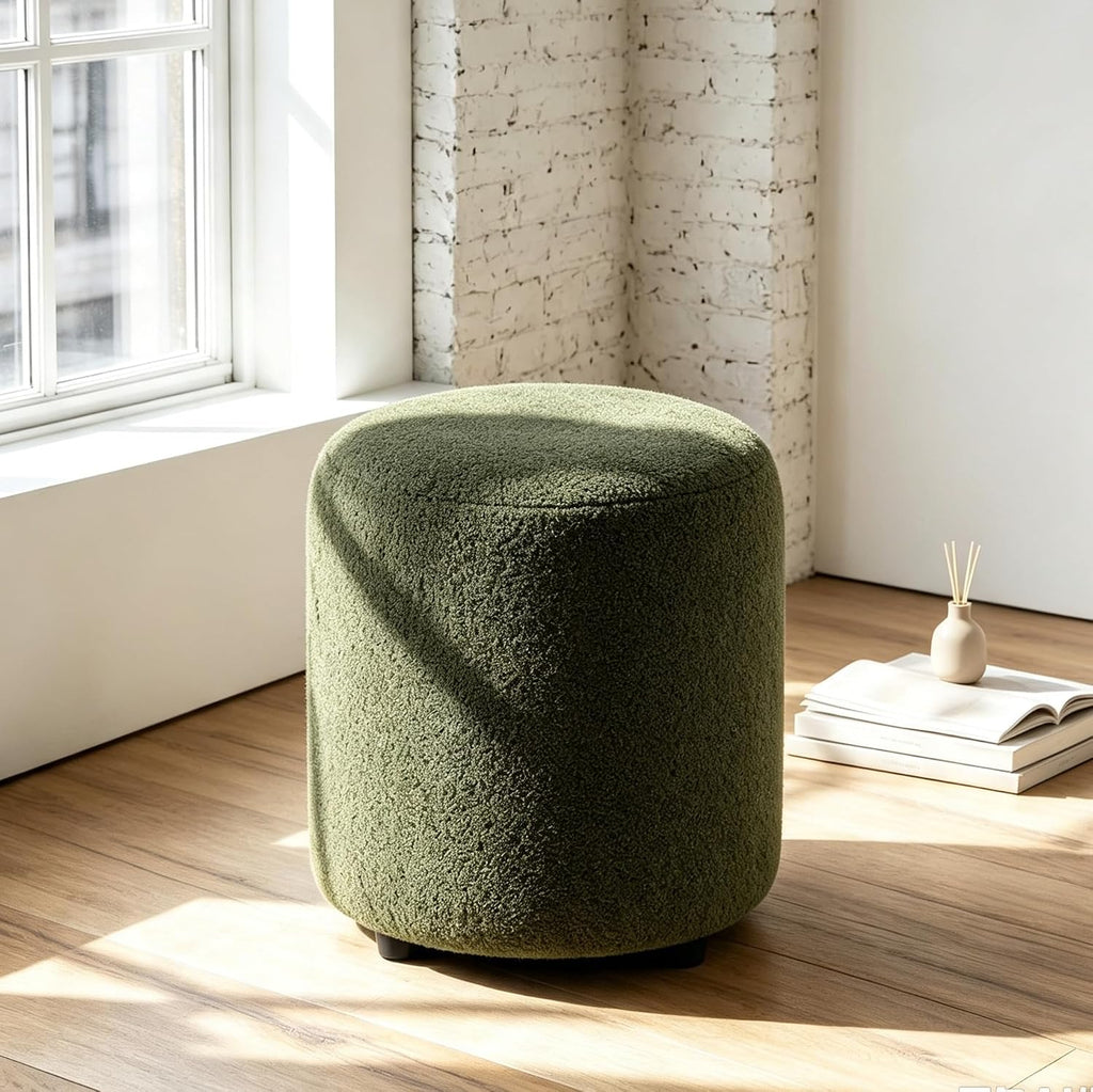 Modern Round Teddy Fleece Vanity Stool Dark Green