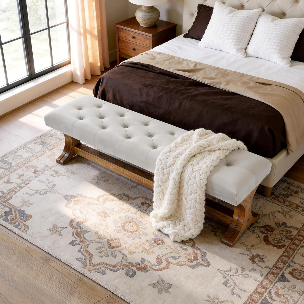 Light Gray Tufted Wood Bench