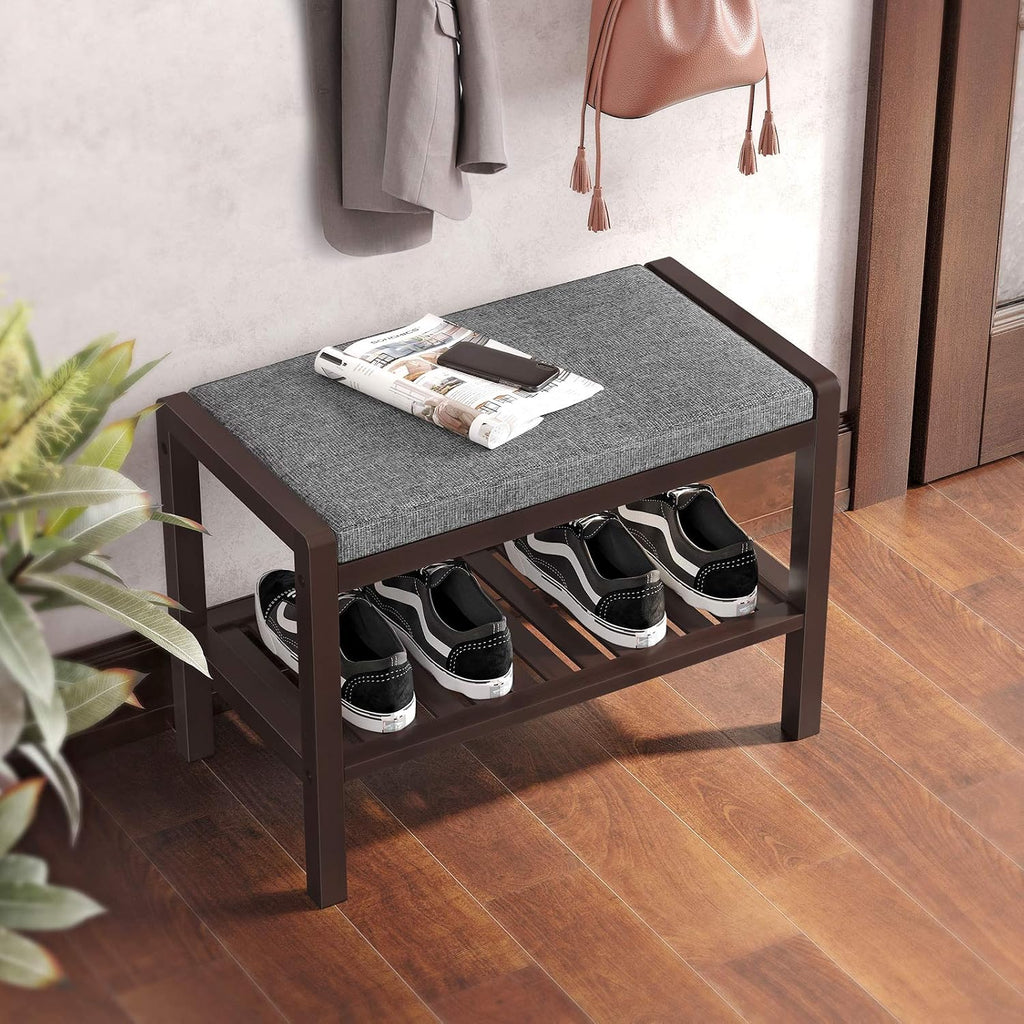 Gray Brown Shoe Rack Bench With Cushion