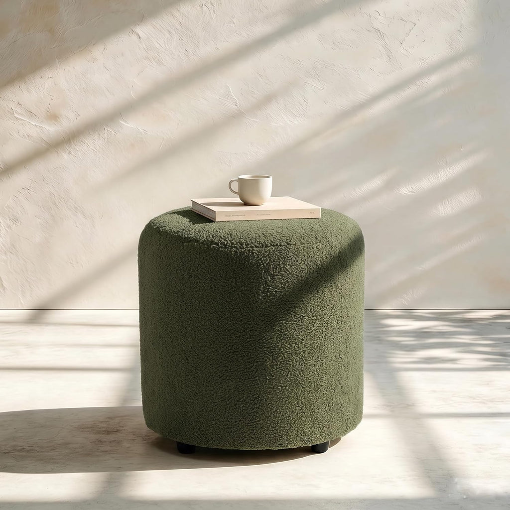 Modern Round Teddy Fleece Vanity Stool Dark Green