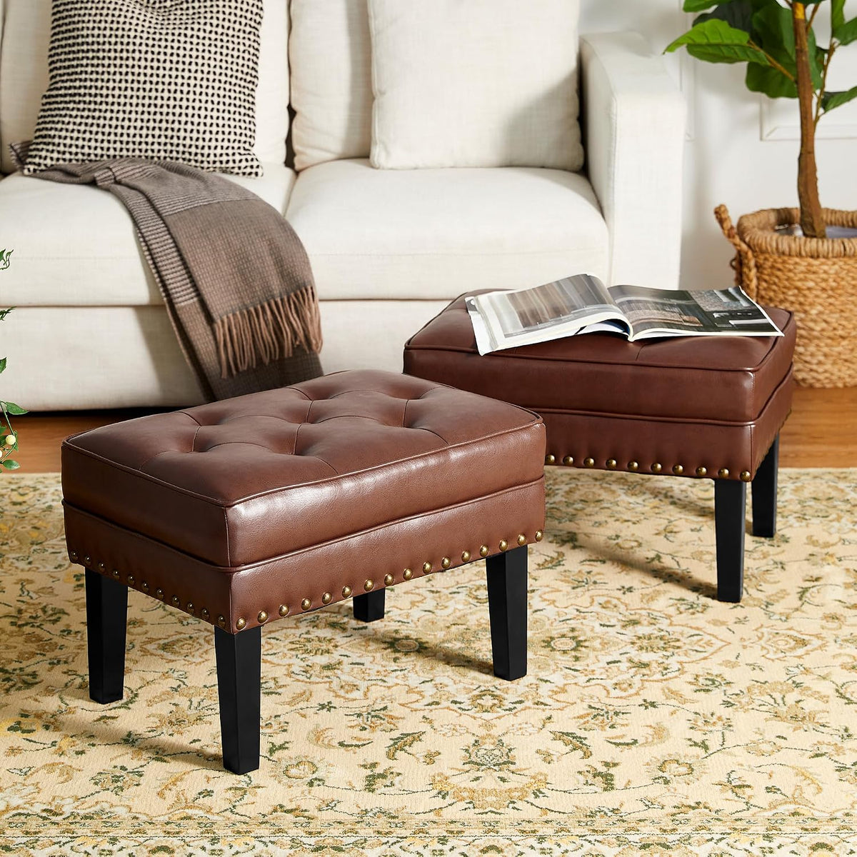 PU Leather Vanity Ottoman Stool Set Of 2