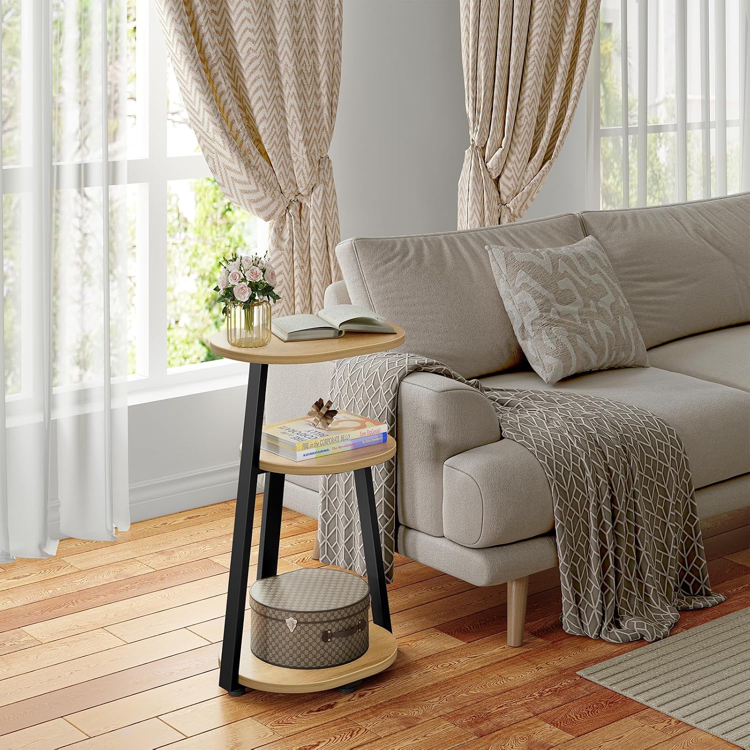Oval Oak 3‑Tier Metal Frame Side Table