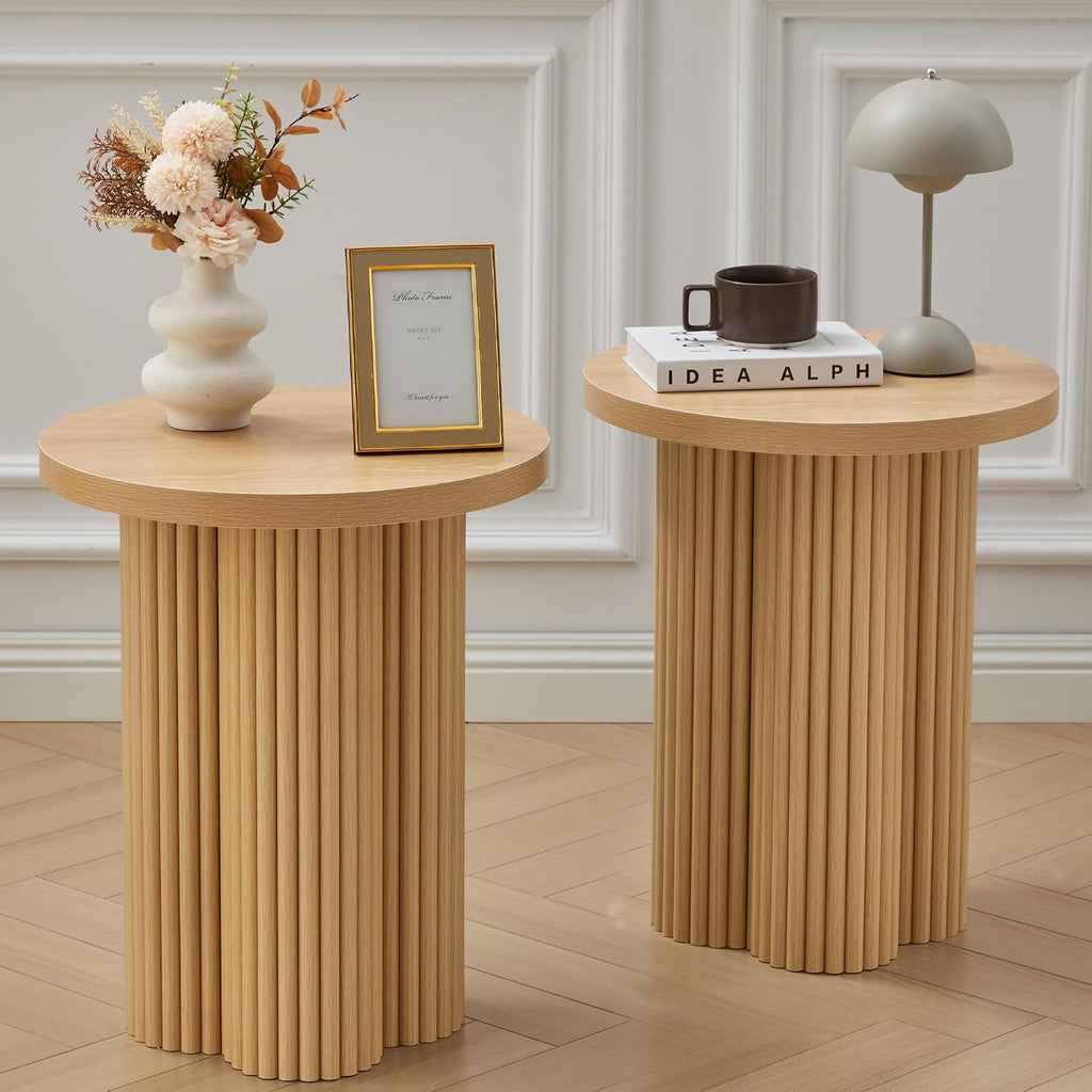 2‑Pack Natural Fluted Round Pedestal Side Tables