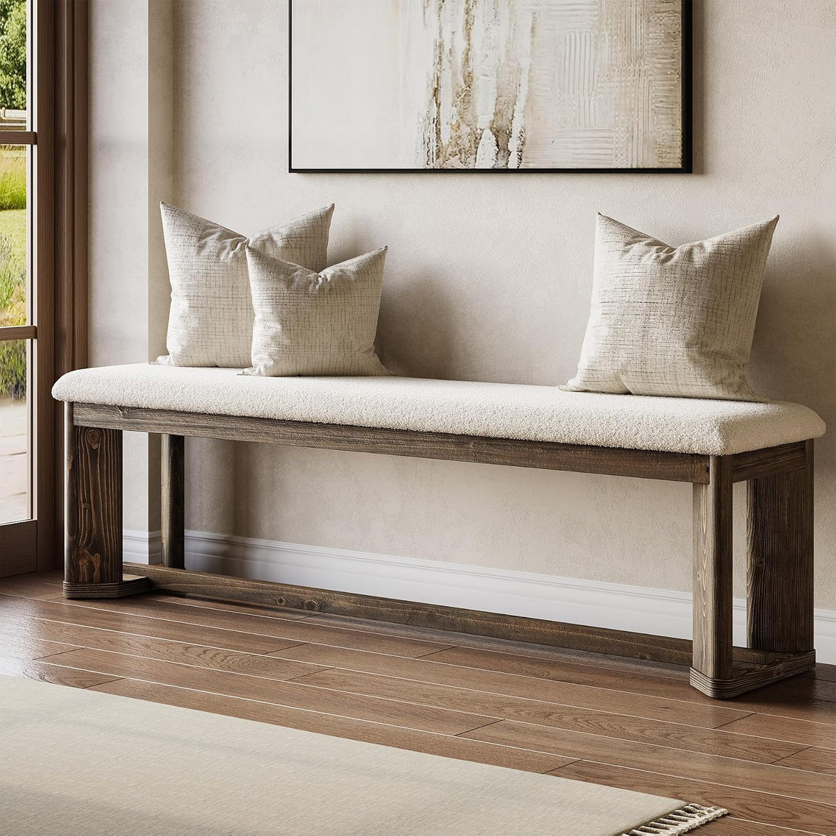 Faux Lamb Fur Bench Brown Wood Legs