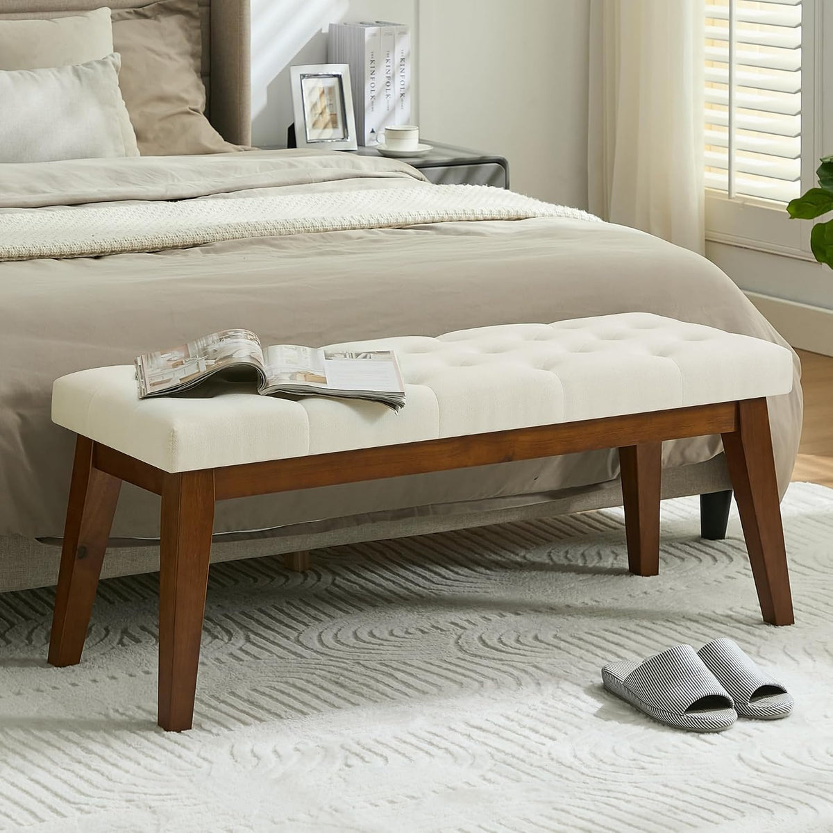 Beige Tufted Linen Wood Bench
