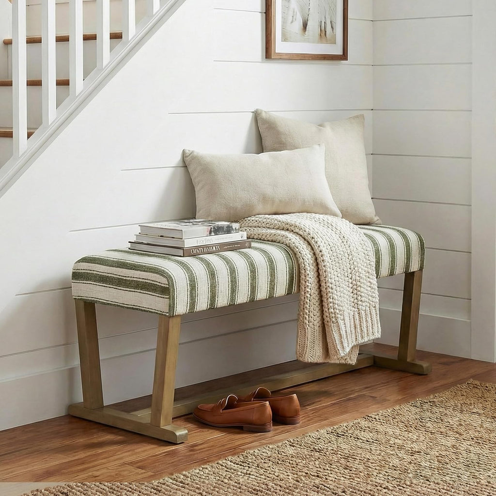 Green Stripe Entryway Bench With Rubberwood Legs