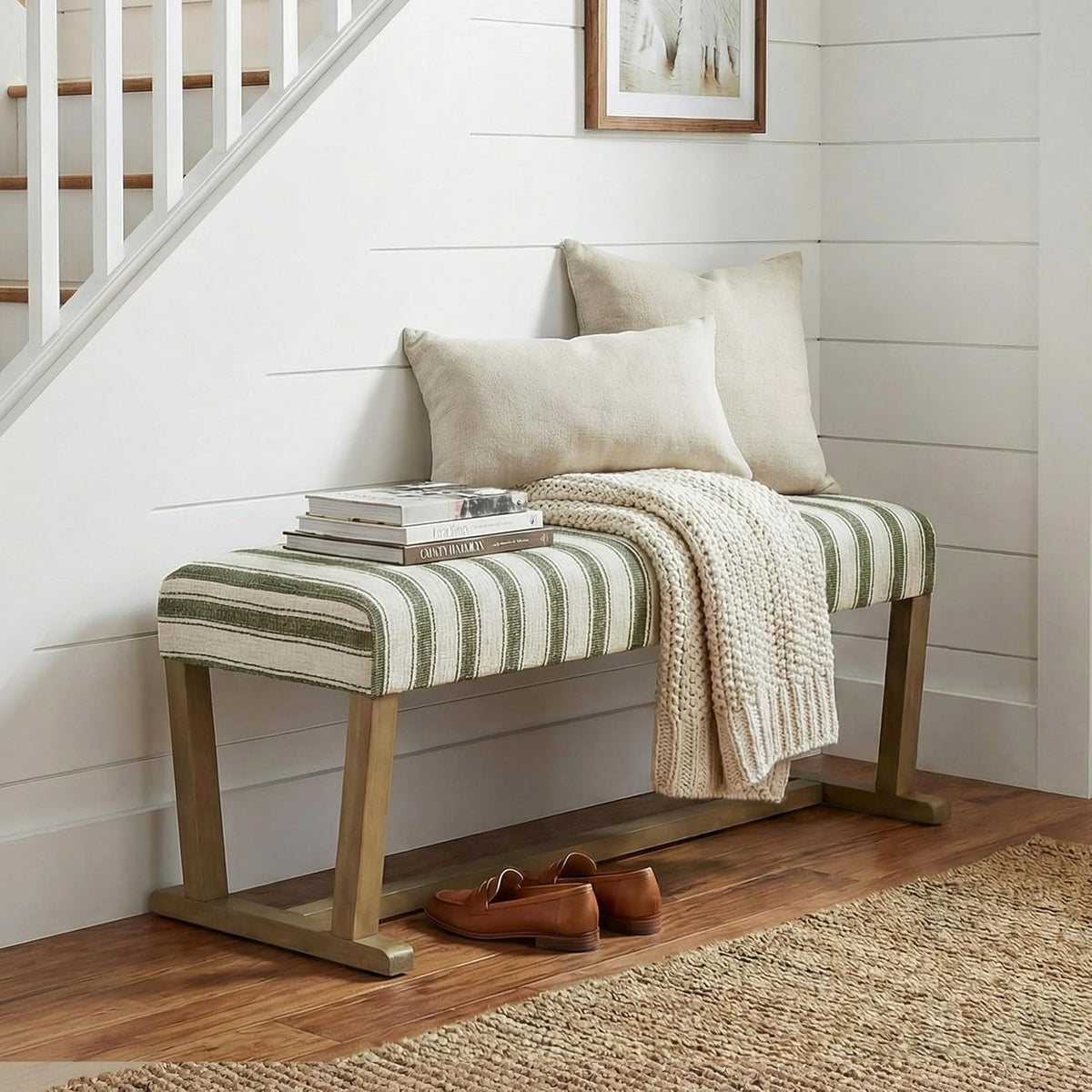 Green Stripe Entryway Bench With Rubberwood Legs