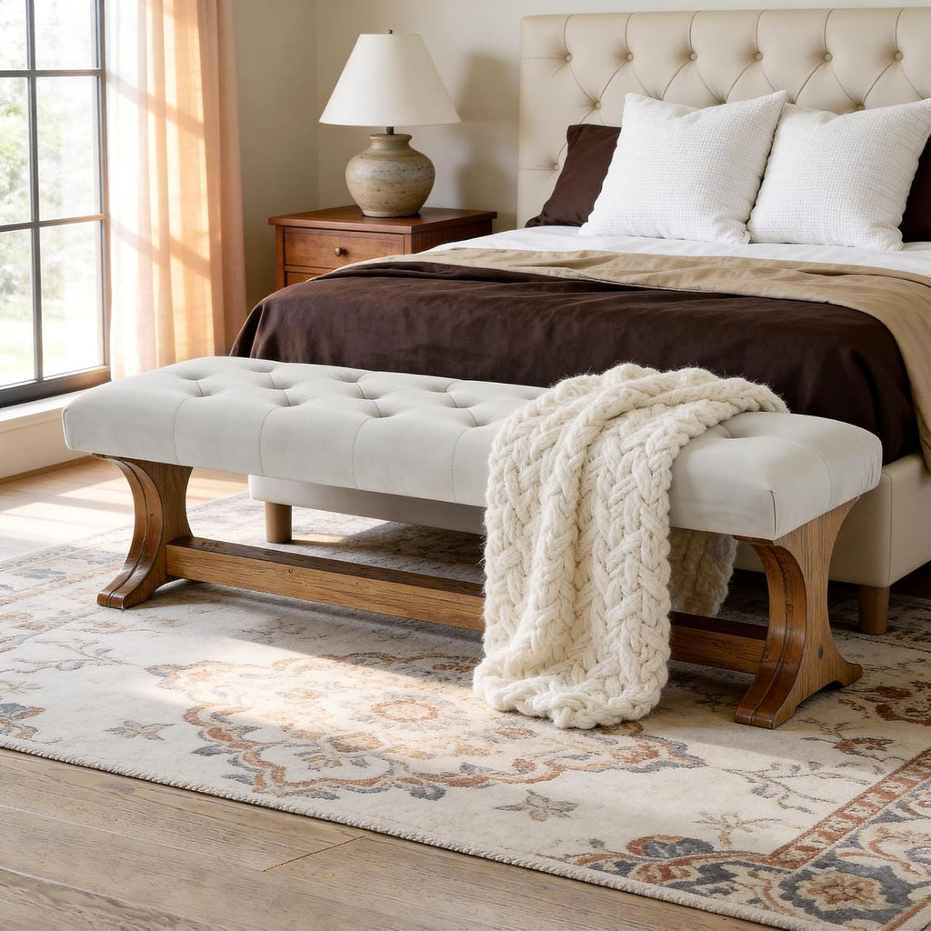 Light Gray Tufted Wood Bench