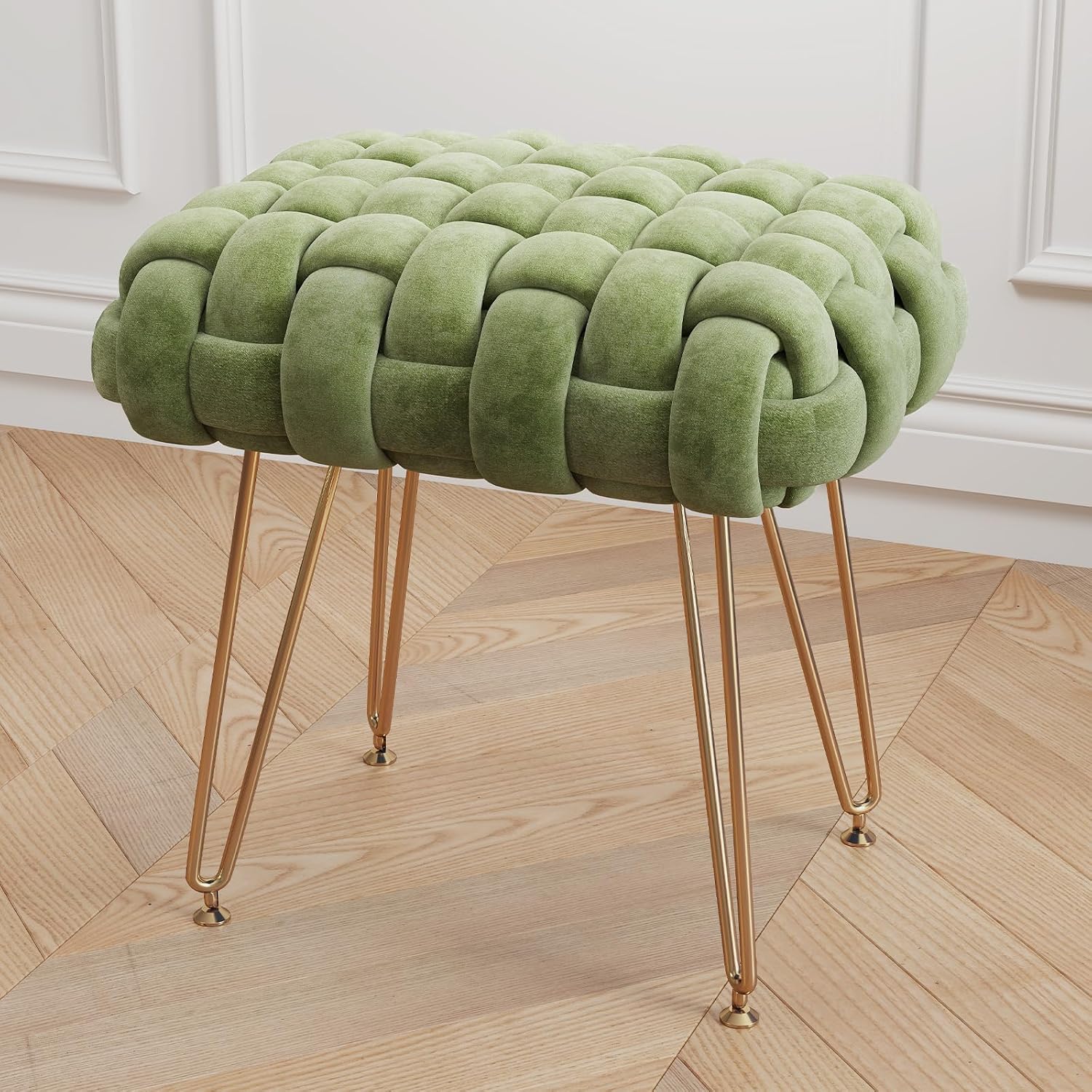 Modern Velvet Vanity Stool With Gold Metal Legs