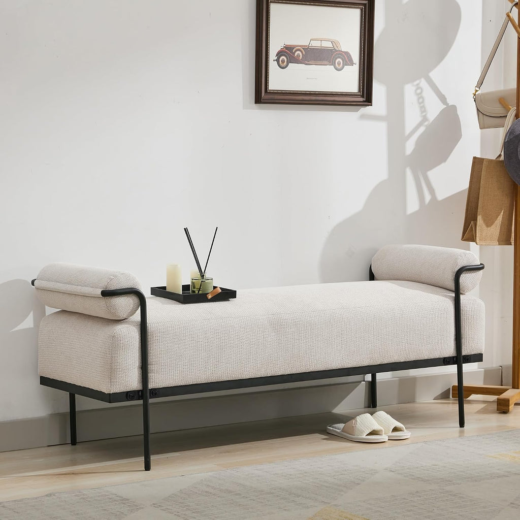 Beige Chenille Bench With Metal Legs