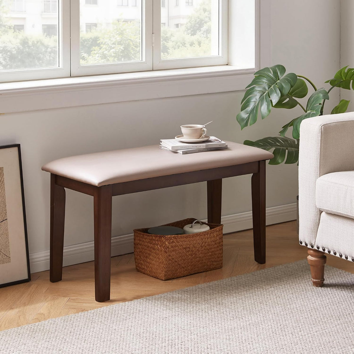 31.1" Leather Wood Entryway Shoe Bench