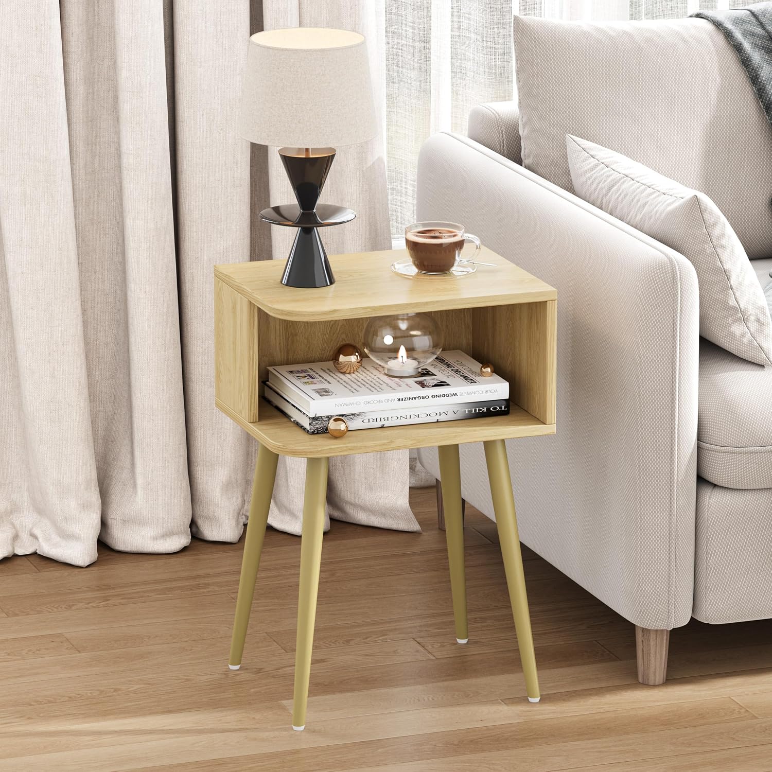 2‑Pack Mid Century Open Storage Nightstands Natural