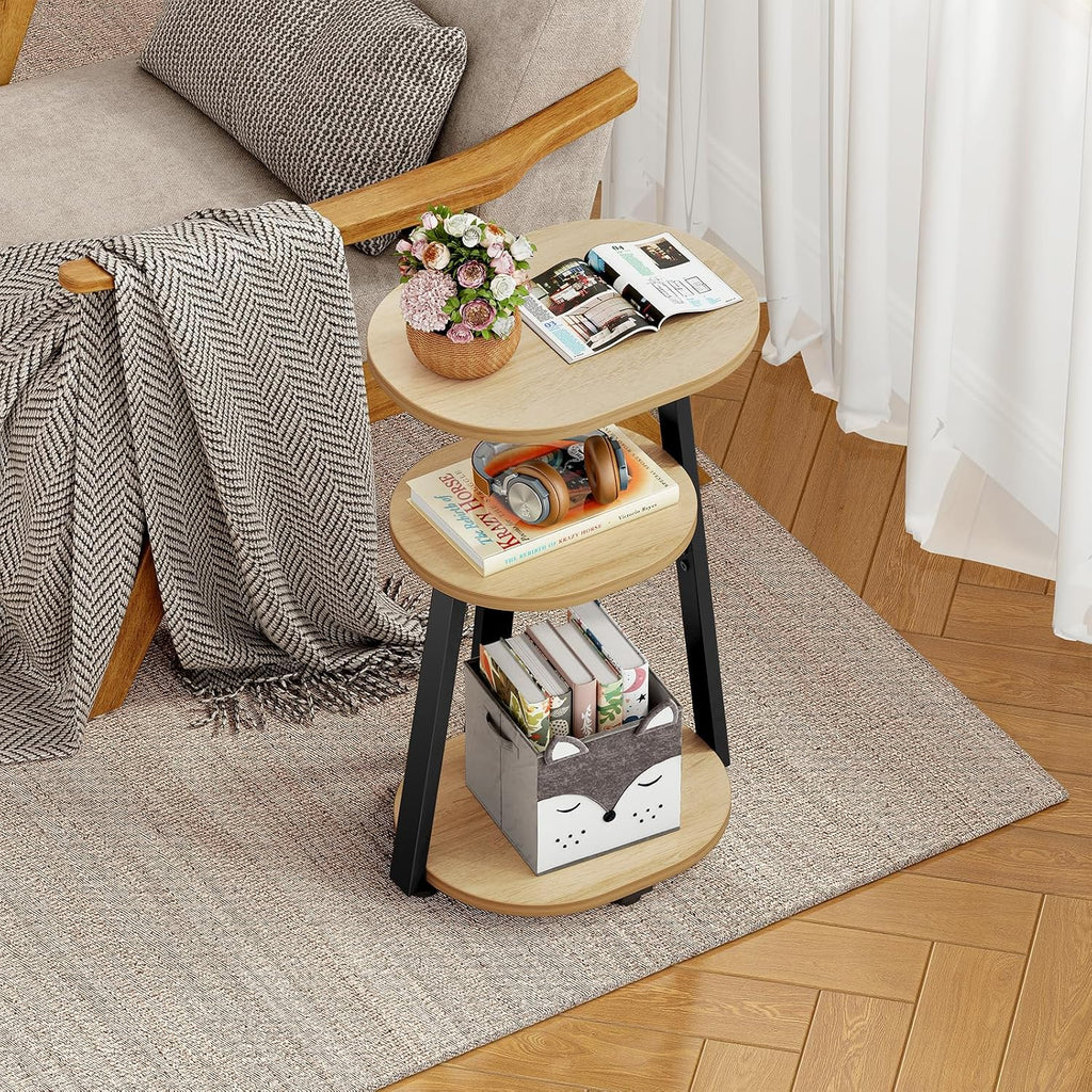 Oval Oak 3‑Tier Metal Frame Side Table