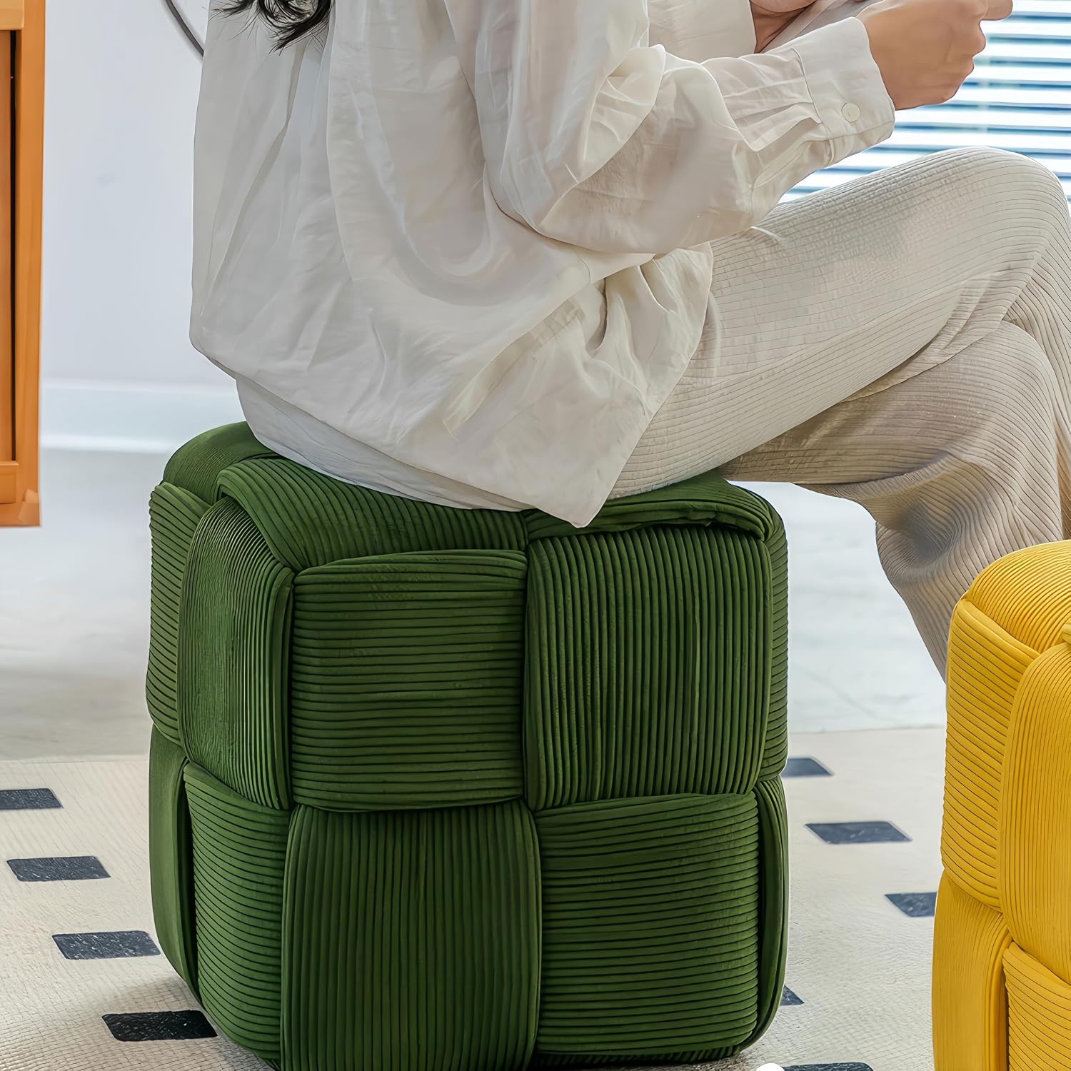 Green Corduroy Square Vanity Ottoman