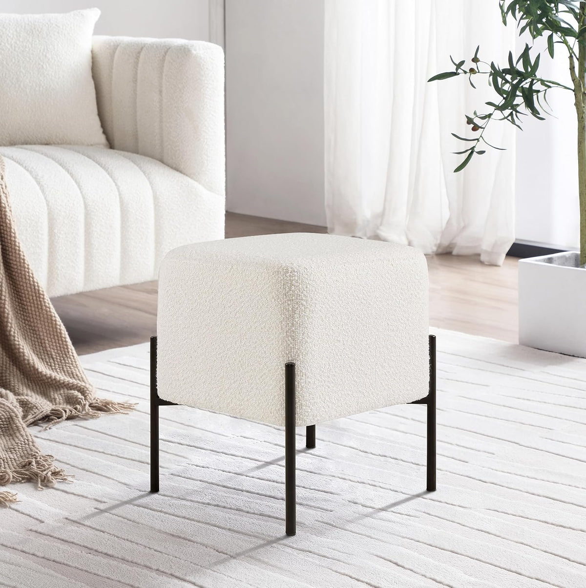 Square Boucle Vanity Stool With Metal Legs