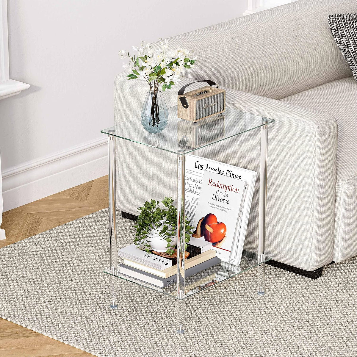 2‑Tier Clear Acrylic Glass Side Table
